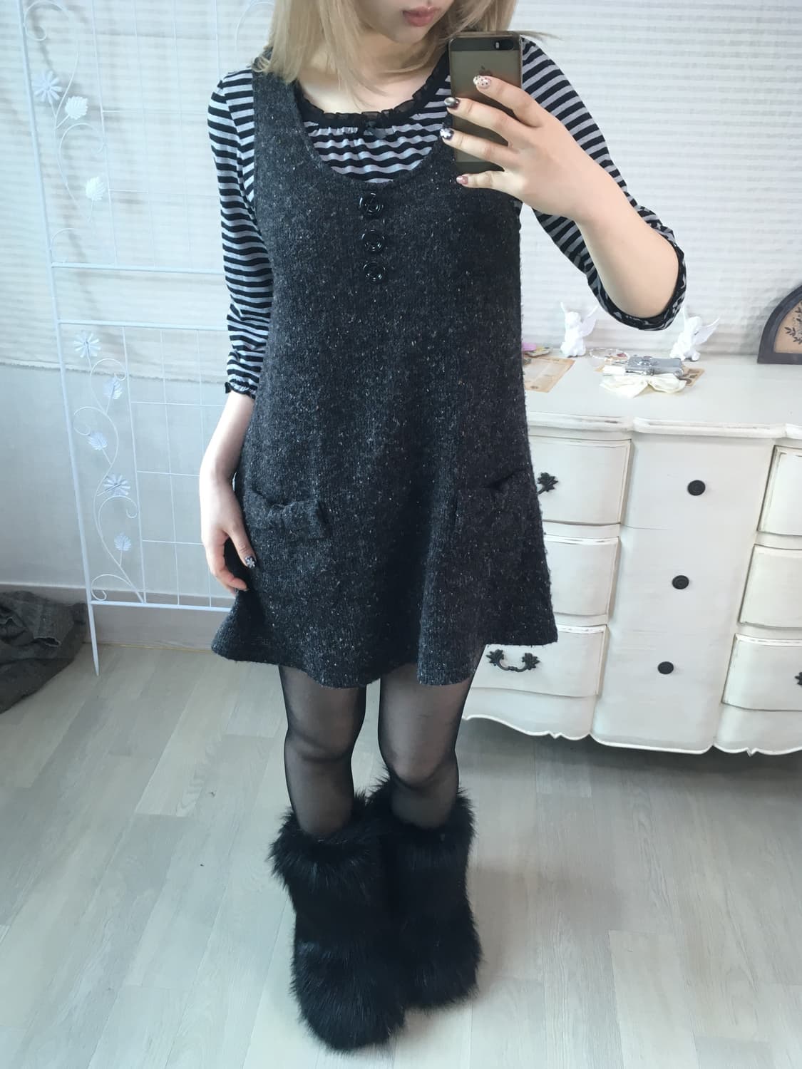 Set)stripe frill t + ribbon one piece 상품이미지1