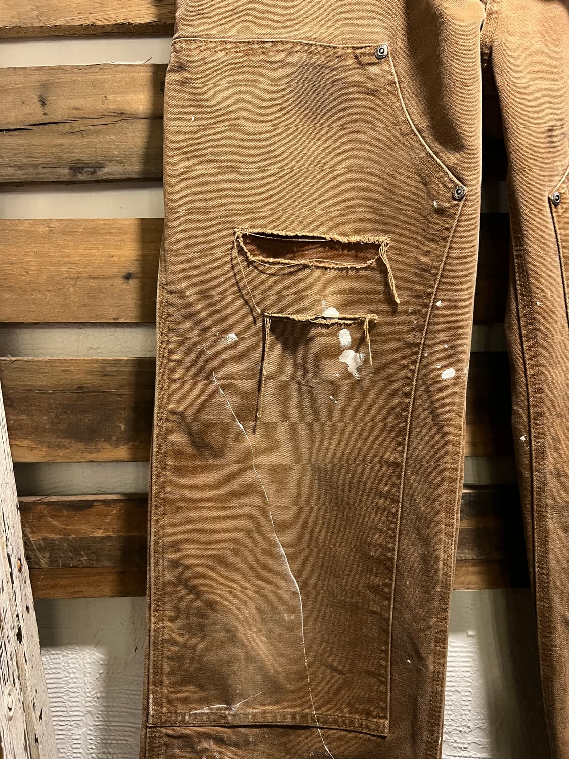 [34]칼하트 USA 빈티지 데미지드 페인팅 브라운 더블니 워크 팬츠 상품이미지5