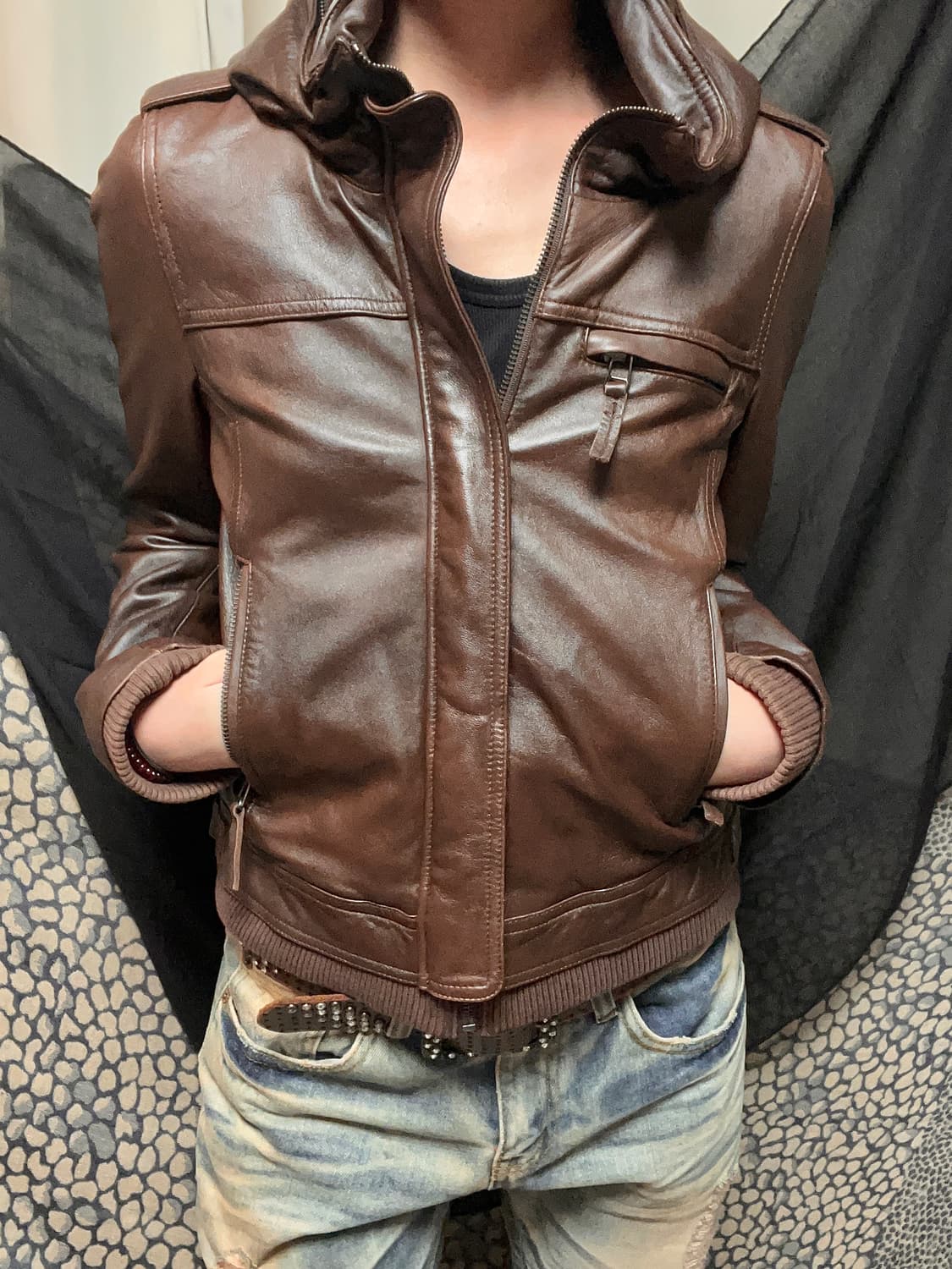 Italy 이태리 렘 스킨 하이넥 지퍼 브라운 레더자켓 상품이미지3