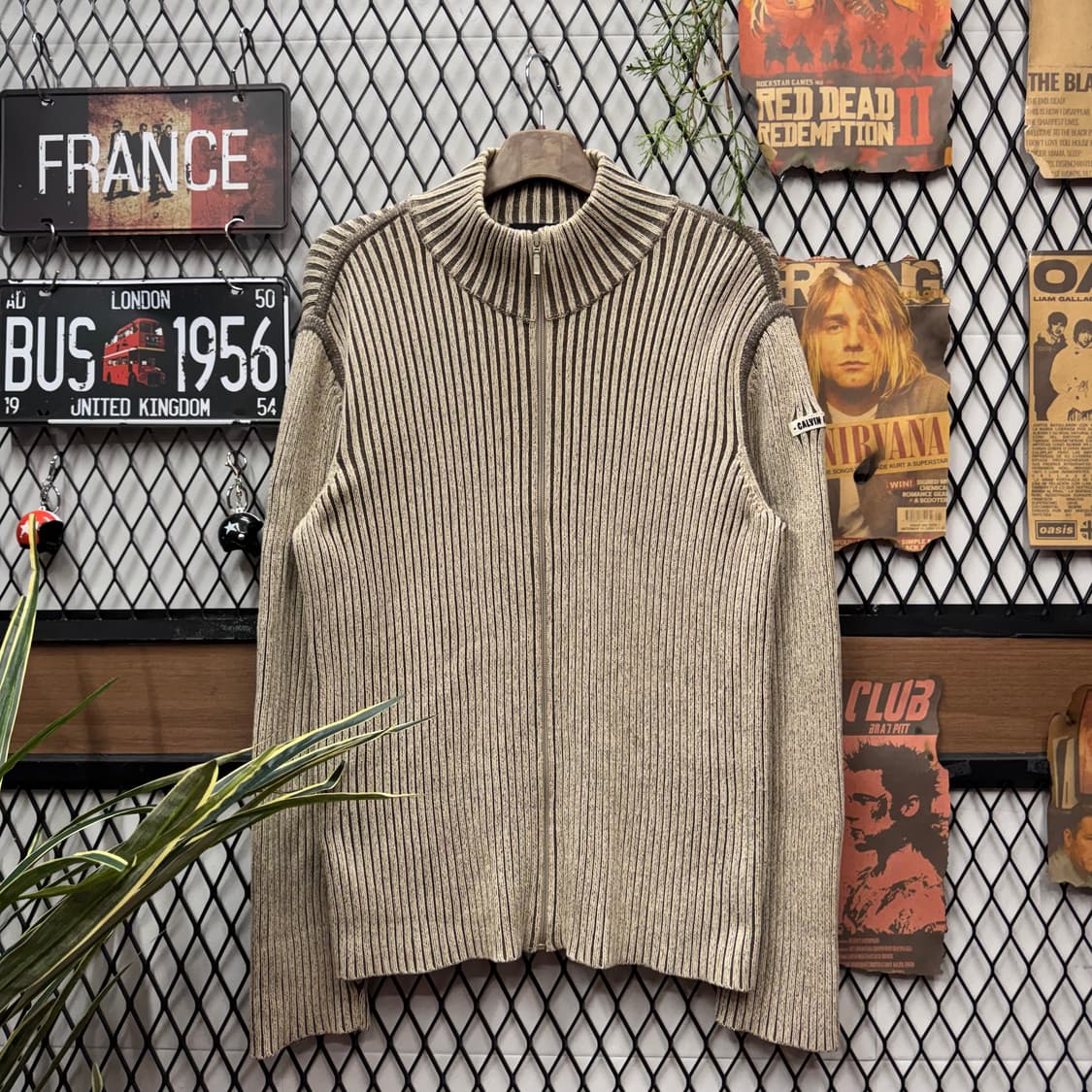 00s 캘빈클라인 진스 니트 집업 하이넥 사이드 레터링 포인트 베이지 상품이미지1