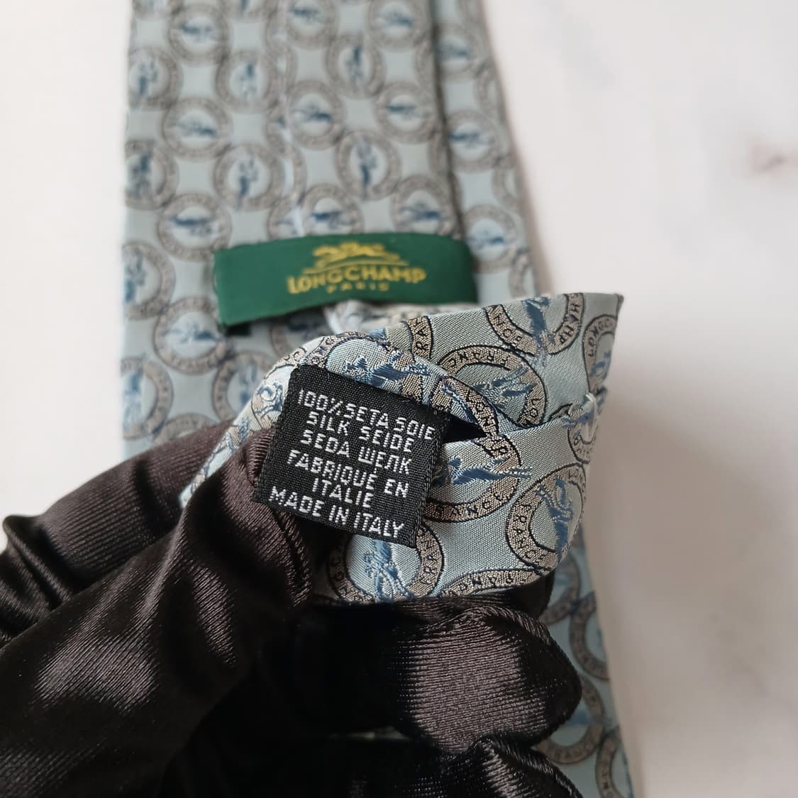 롱샴 실크 민트블루 로고 패턴 넥타이 9.5cm A등급 G20
 상품이미지9