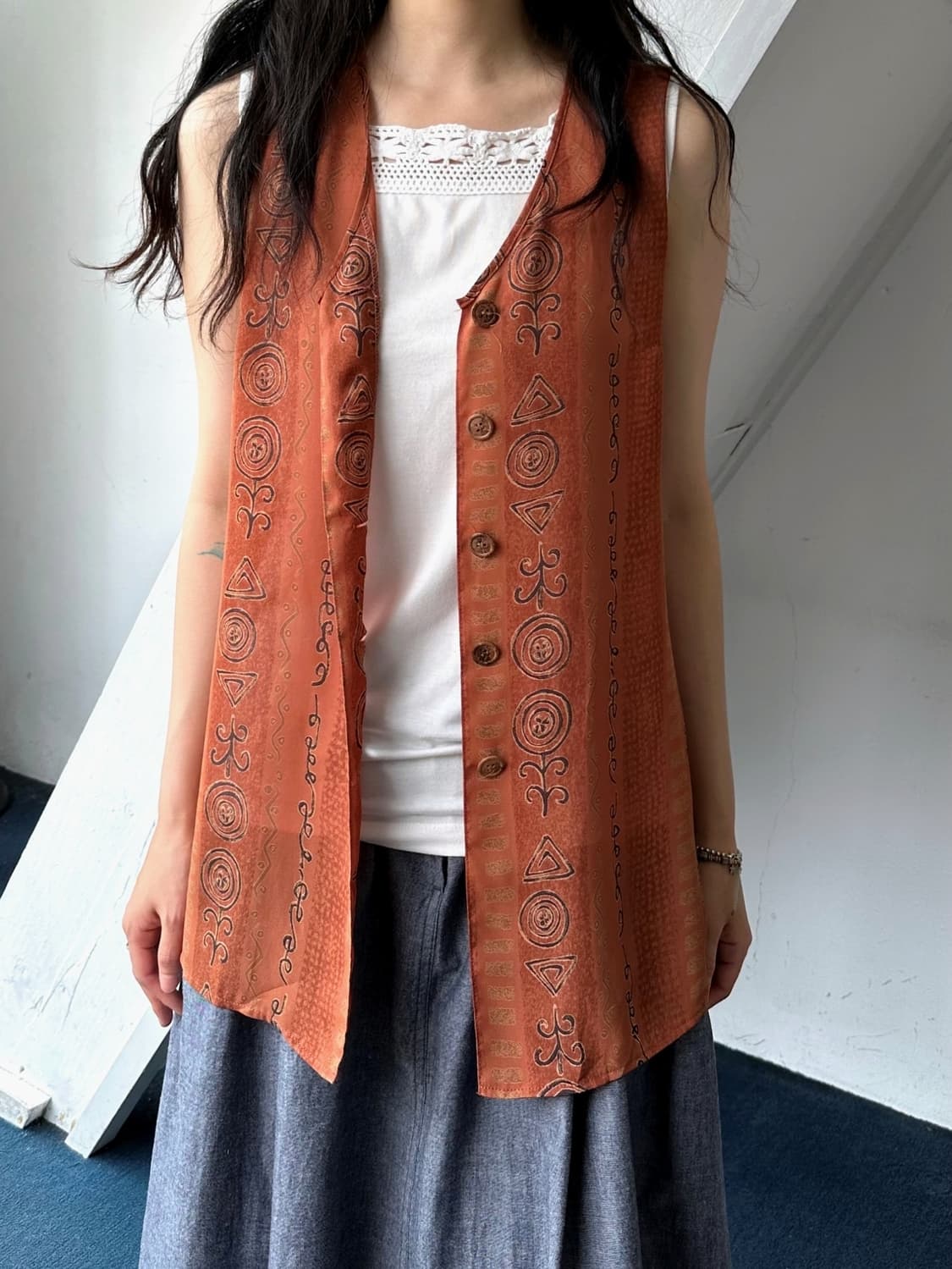 Vintage patterned 2way sheer sleeveless  상품이미지1