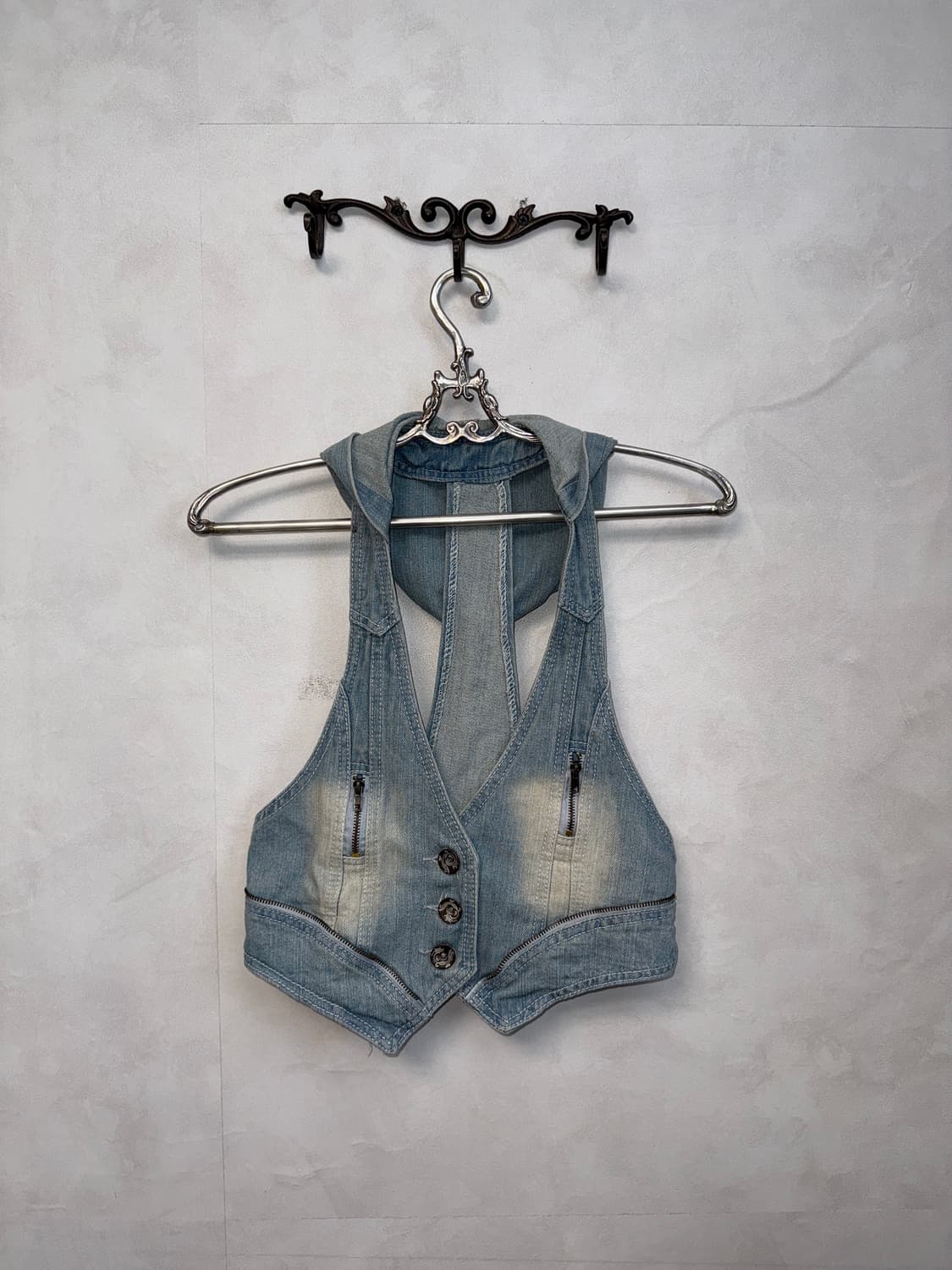 Washing denim crop hood button vest 상품이미지4