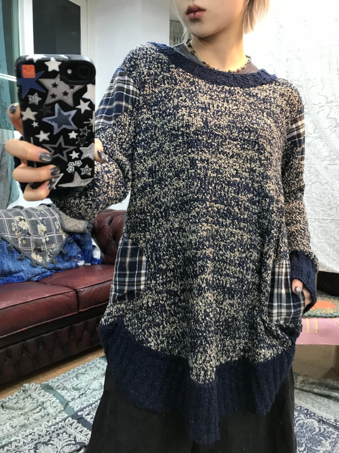 빈티지 여성 체크패치 라운드 니트  상품이미지1