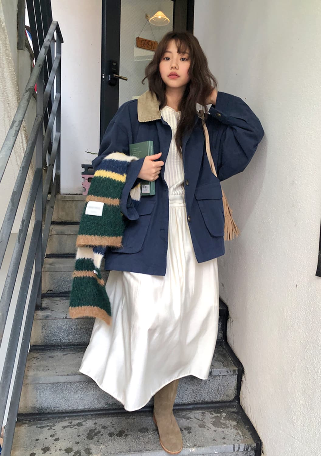 프롬비기닝 배색 니트 머플러 그린 상품이미지3