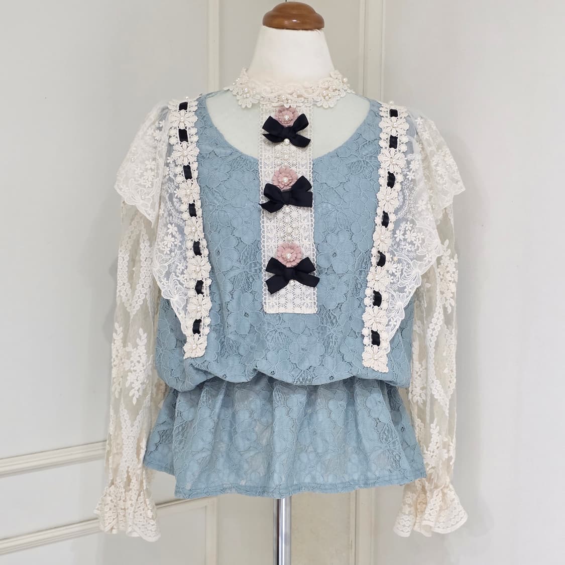 빈티지)민트히메갸루 로리타 플로럴진주레이스 고딕 로맨틱 엑팜깔 블라우스 상품이미지3