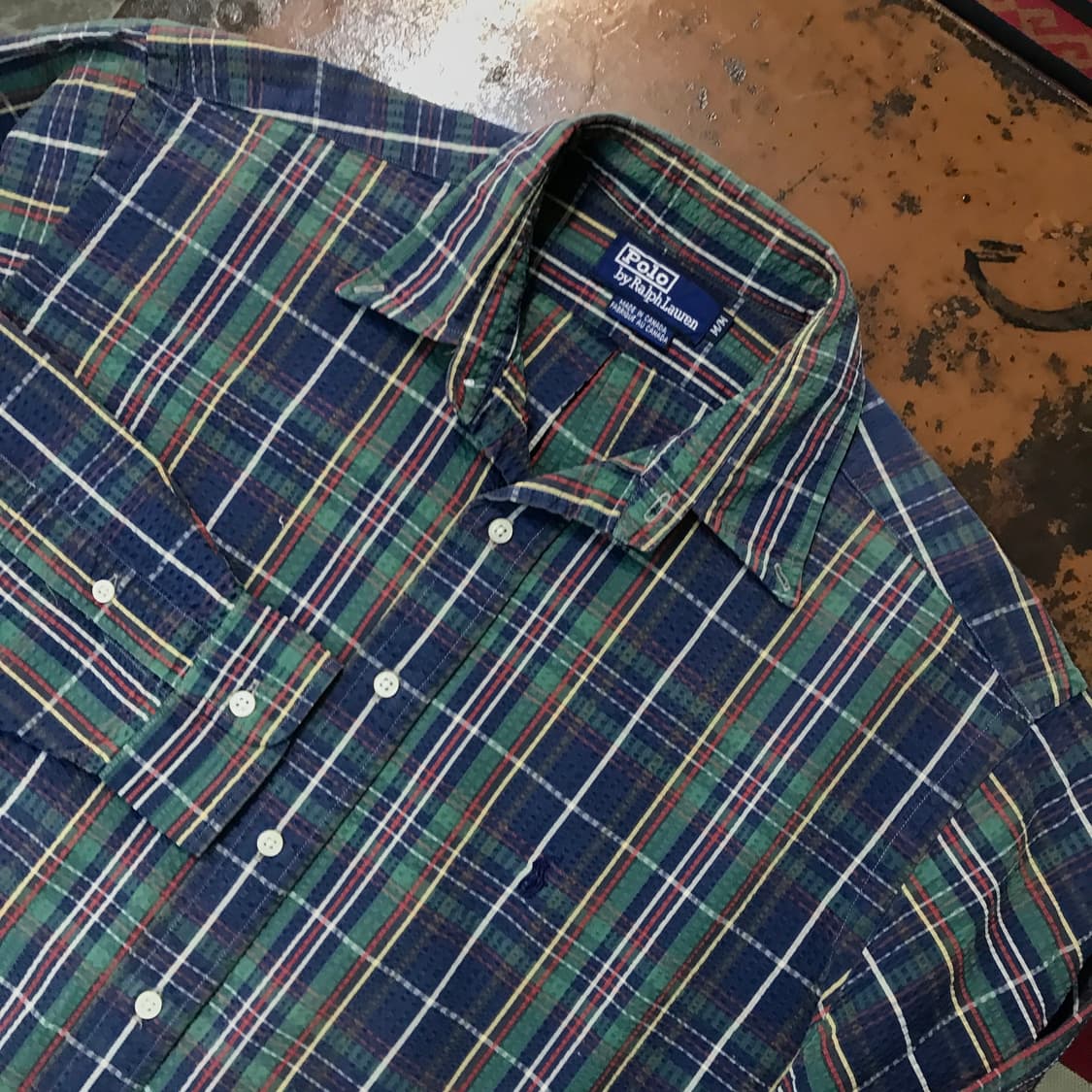 90s 폴로랄프로렌 네이비 그린 마드라스 체크 시어서커 셔츠 남성 110 상품이미지3