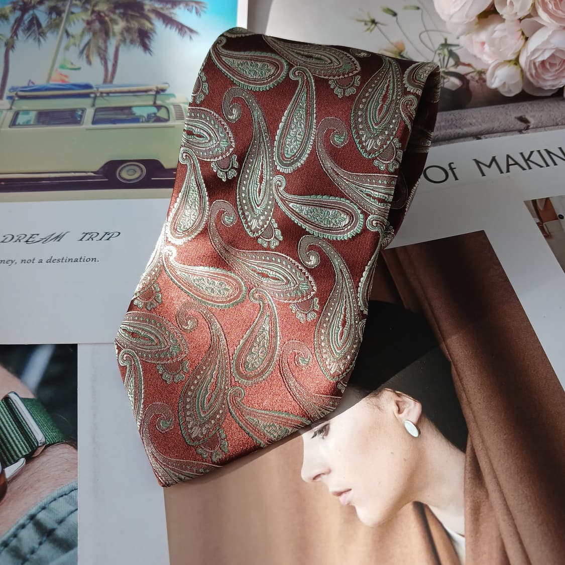 아쿠아스큐텀 실크 브라운 페이즐리 넥타이 9.1cm A+등급 A19453 상품이미지4