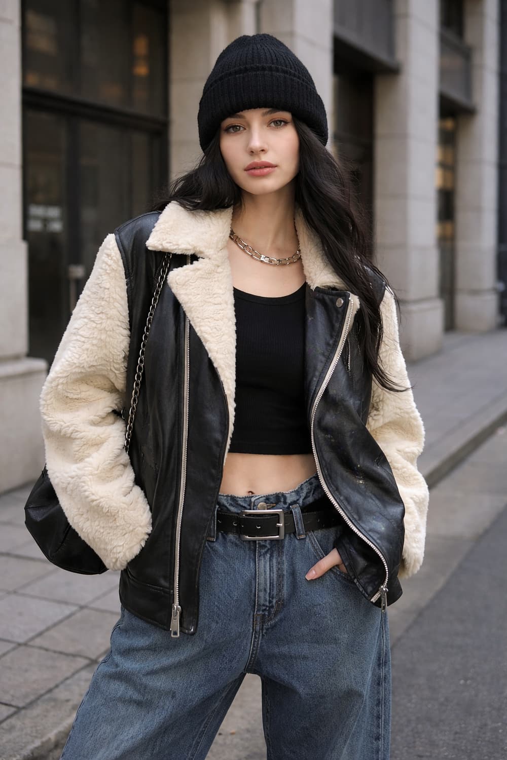 청담디자이너 블랙 레더 시어링 무스탕 자켓 / 스트릿 무드 상품이미지1