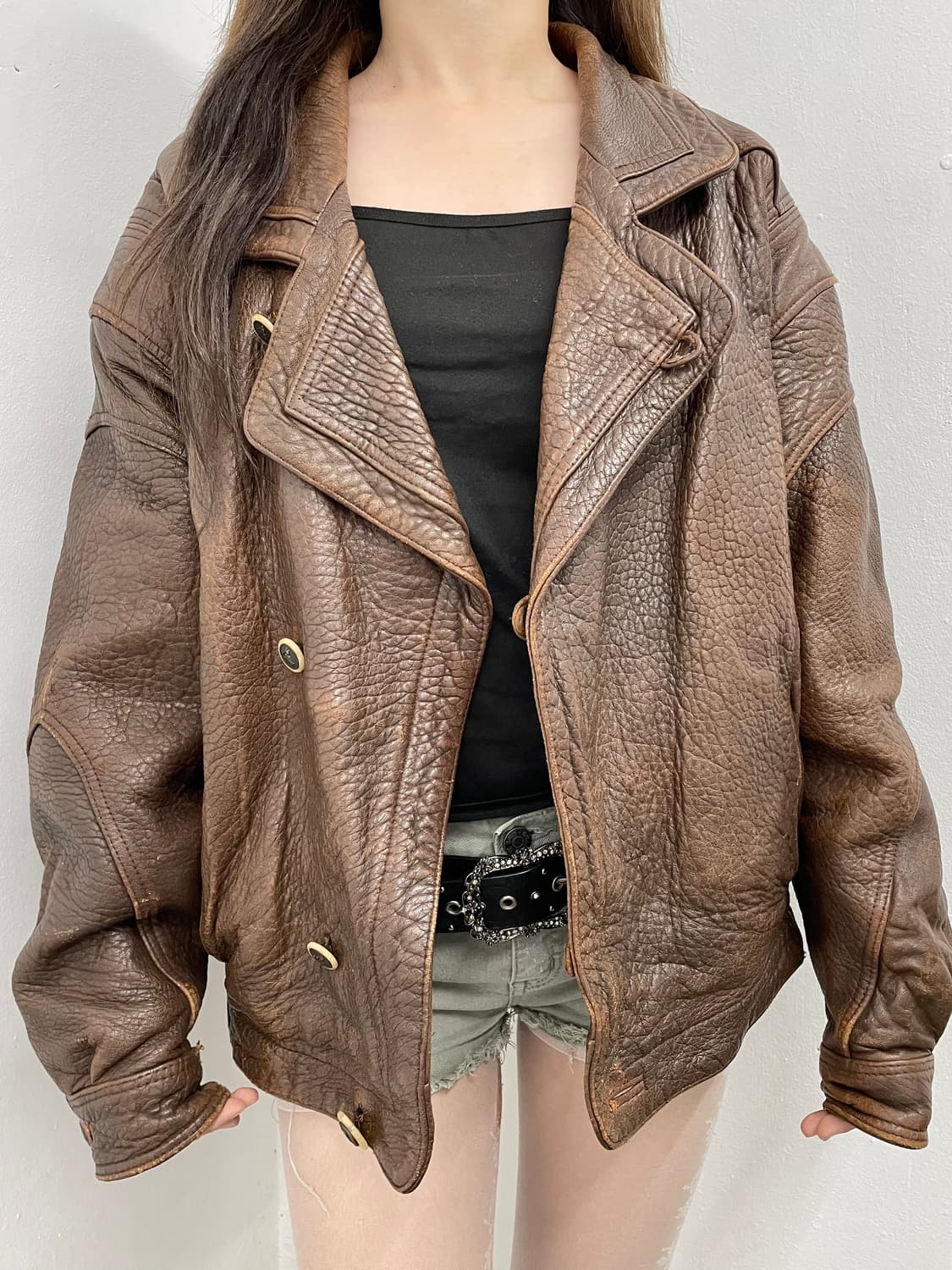 브라운 헤비 레더 봄버 자켓 상품이미지1