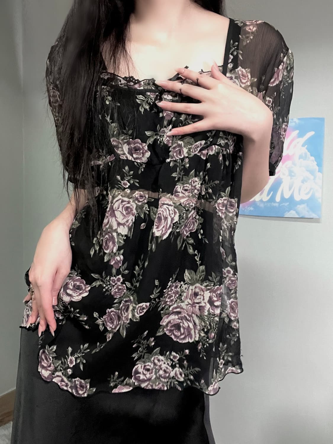 블랙 엔틱 고딕 로즈 장미 프릴 레이스 셔링 쉬폰 블라우스 상품이미지3