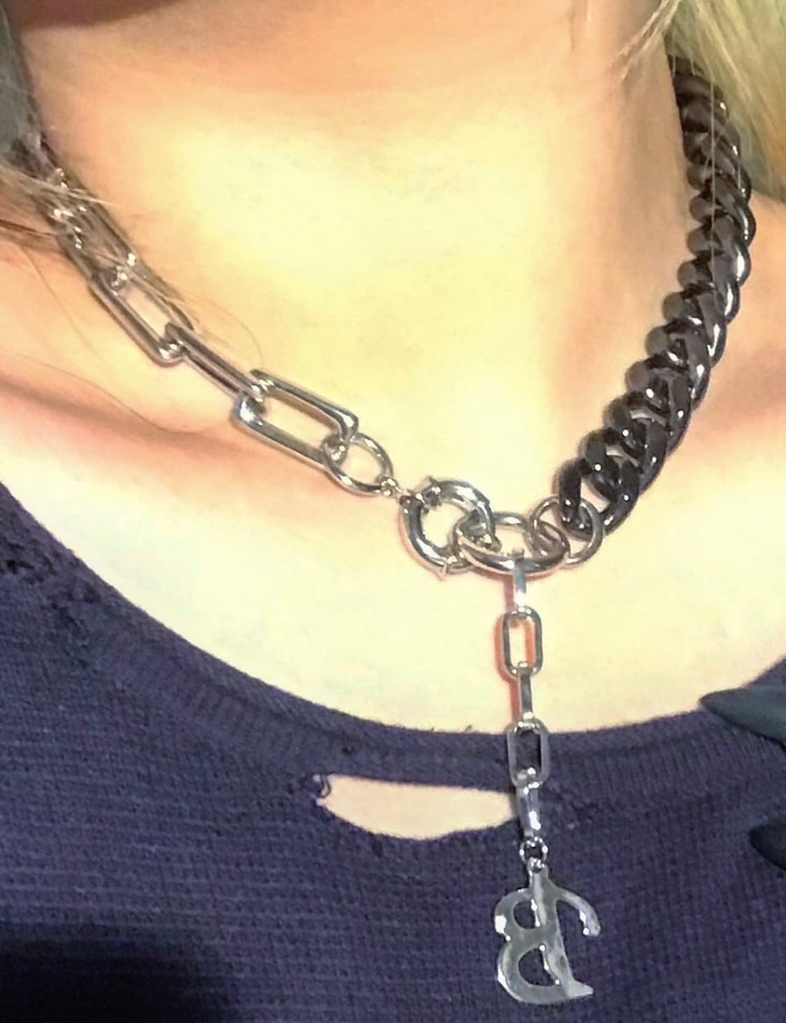 고스 펑크 블랙 반반체인 드롭 초커 목걸이 상품이미지1