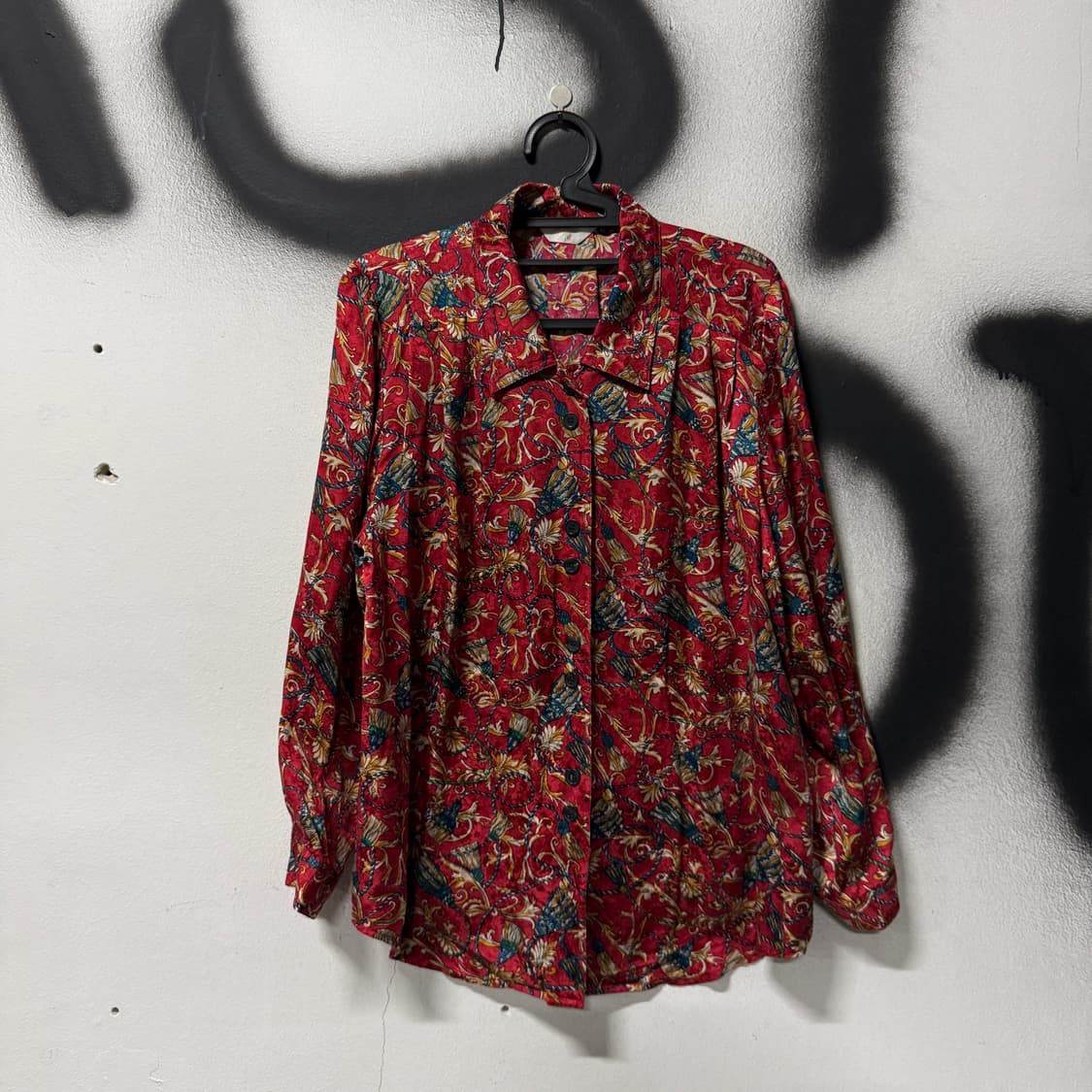 VTG 빈티지 100% 실크 플라워 자카드 풀 패턴 블라우스 셔츠 상품이미지1