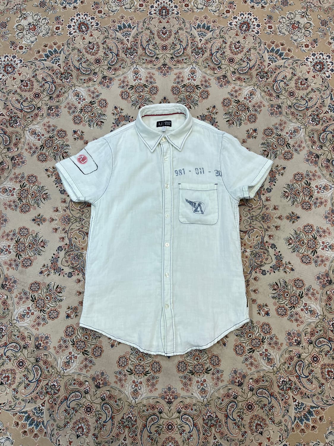 아르마니 진스 로고 프린팅 린넨 반팔 셔츠 상품이미지1