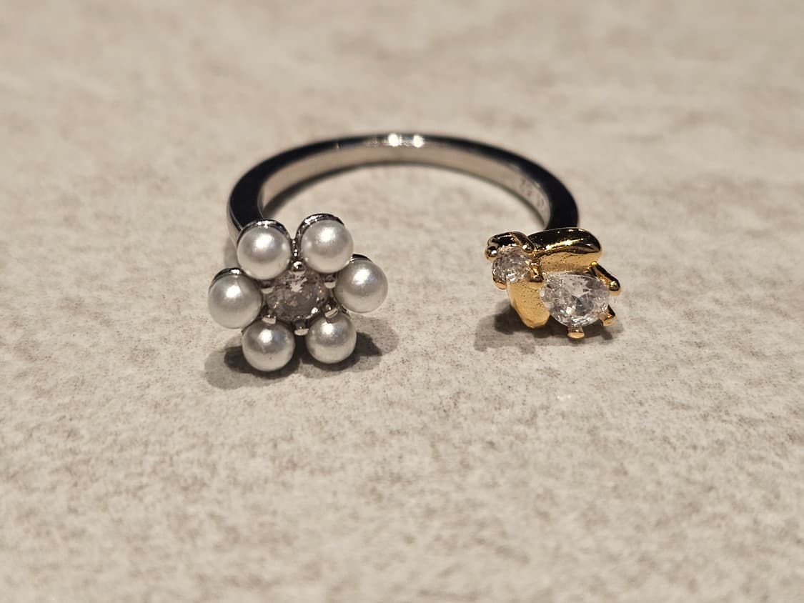 진주 플라워 앤 벌 실버 큐빅 오픈링 새상품 상품이미지1