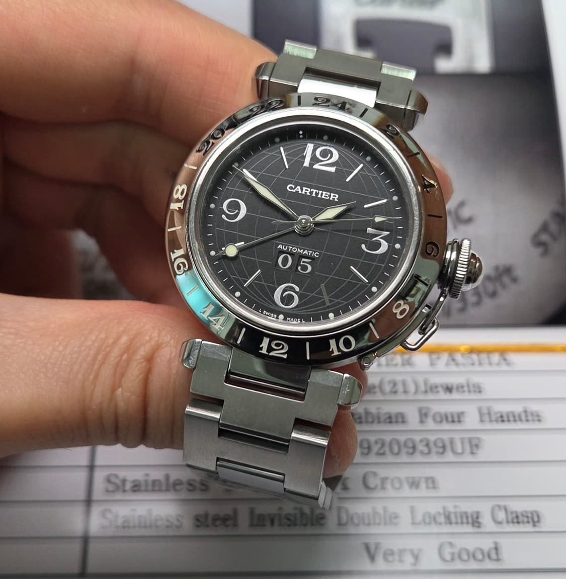 레어] 까르띠에 파샤 GMT 지구본 블랙판 빅데이트 36mm 브레이슬릿  상품이미지5