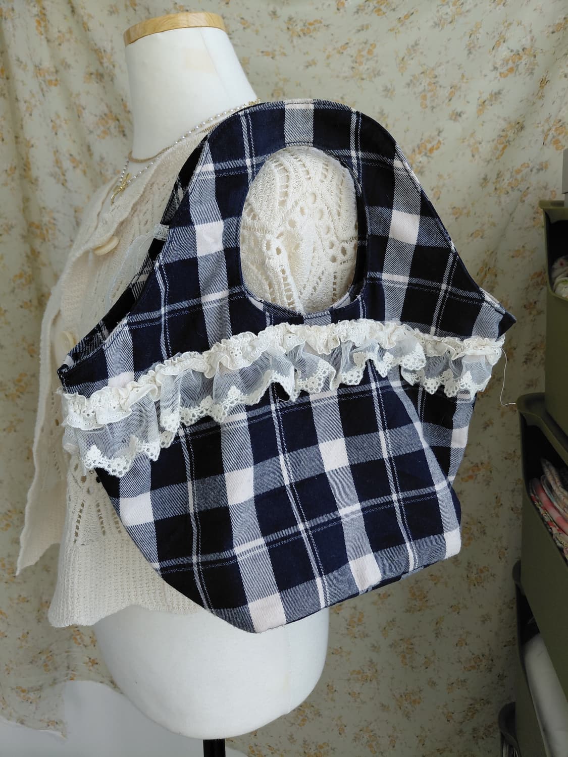 [일본빈티지 리폼] 체크무늬 레이스 장식 토트백 모리걸가방 상품이미지2