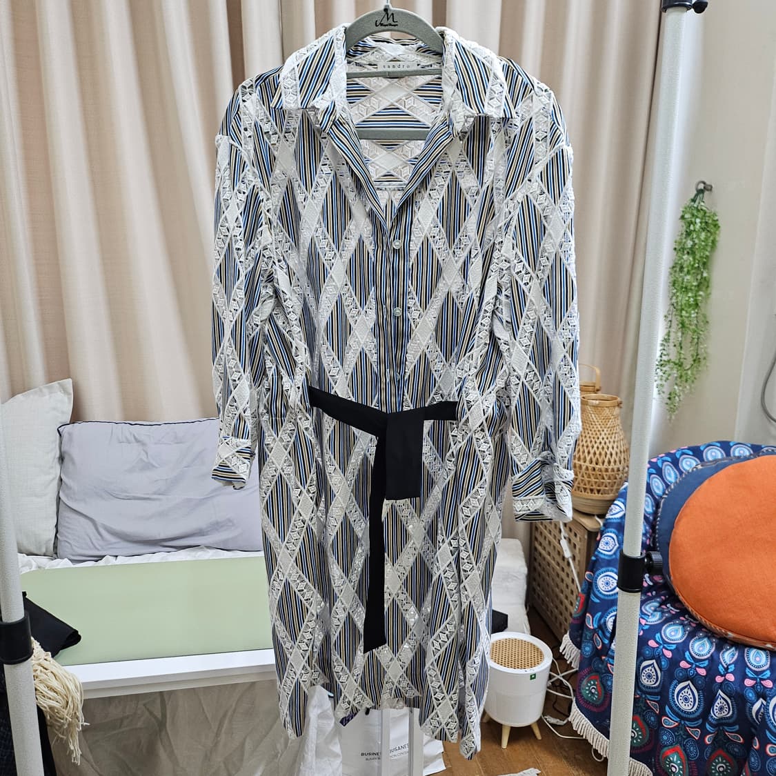 산드로 블루/화이트 스트라이프 코튼/레이스 셔츠 드레스 상품이미지5