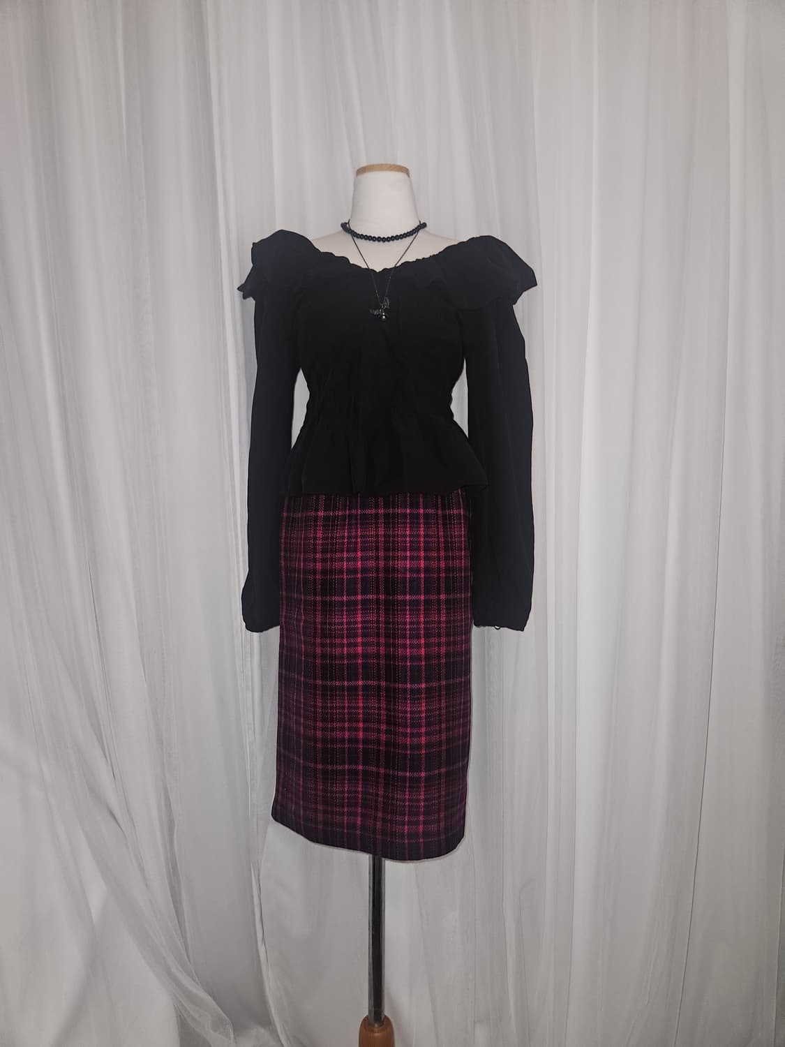 Leporte 빈티지 핑크 체크패턴 스트레이트 스커트 상품이미지1