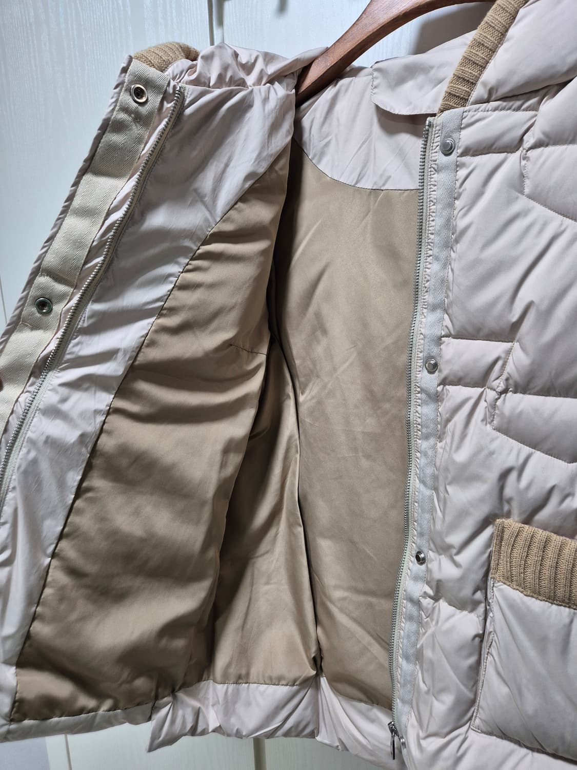 빈티지 아이보리 니트 배색 후드 거위털패딩 상품이미지8