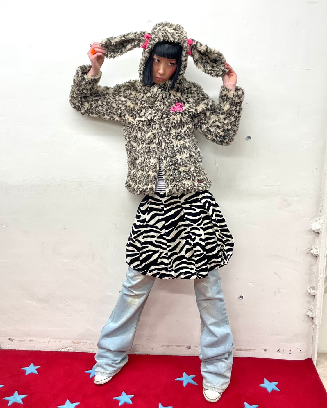leopard fur rabbit ribbon zip-up hood  상품이미지5