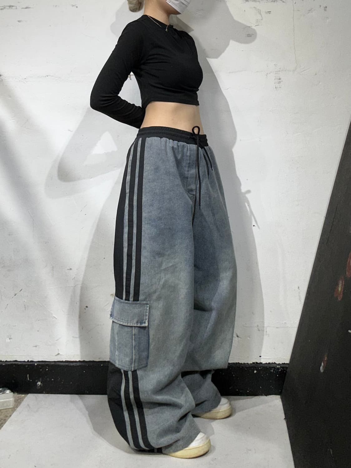 빈티지 연청 데님 사이드 라인 포인트 와이드 청 카고 팬츠 힙합 바지  상품이미지1