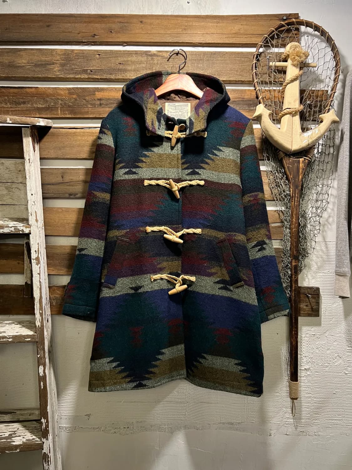 [M]90's JPN 빈티지 네이티브 패턴 울 후드 더플 코트 상품이미지1