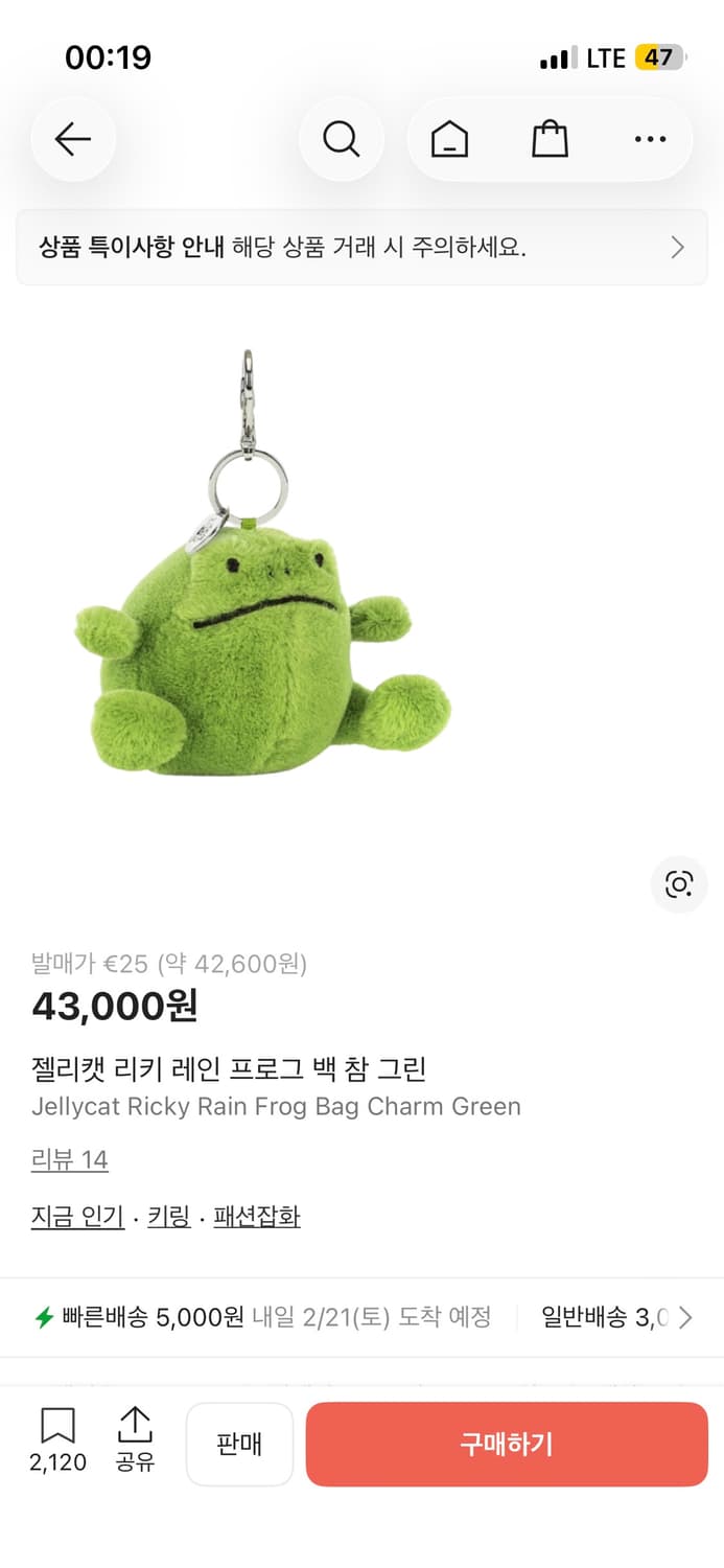 젤리캣 개구리 키링 리키 레인 프로그 백 참 그린 jellycat 상품이미지1