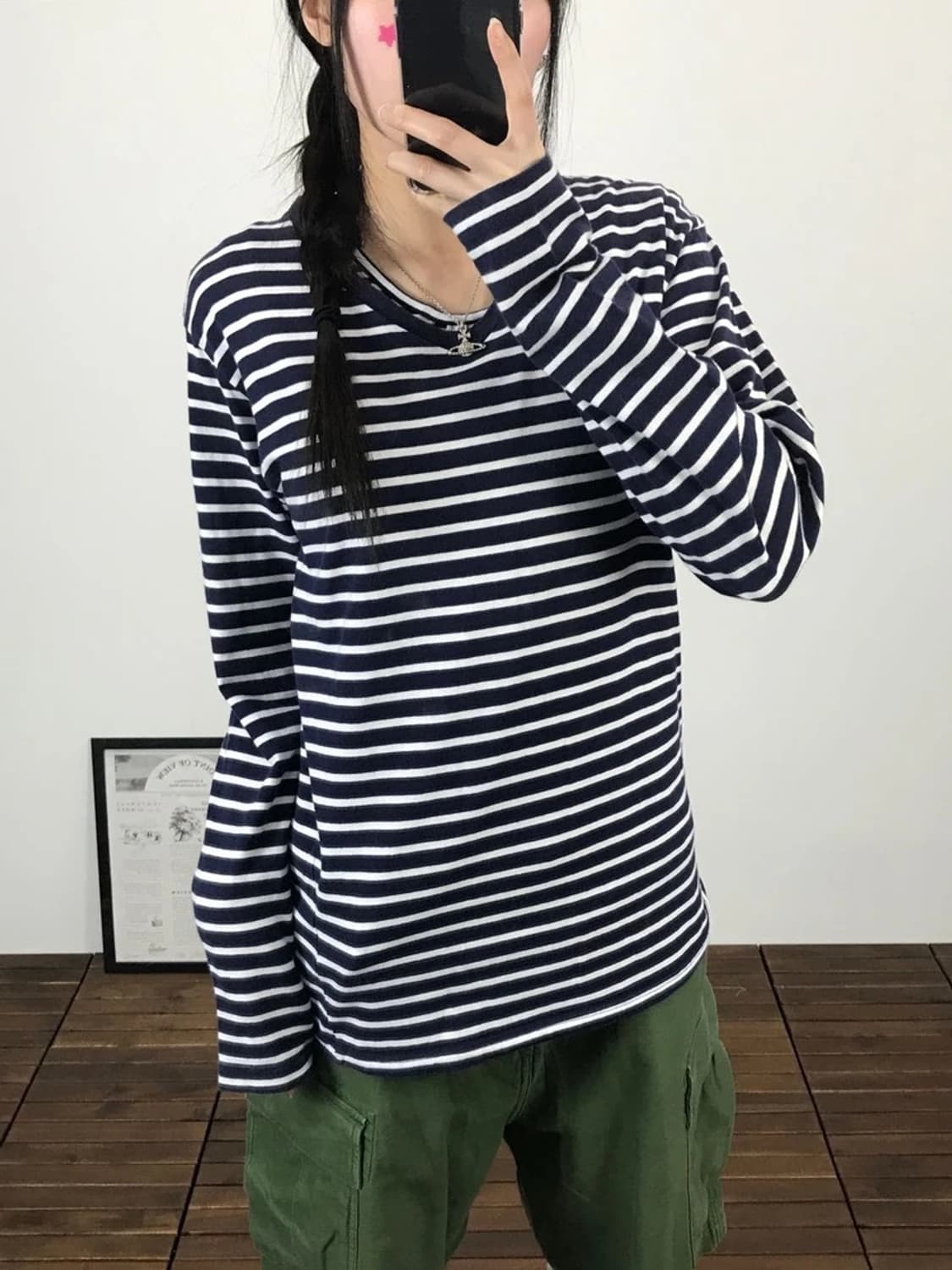 Navy Stripe V Neck Long Sleeve 상품이미지2