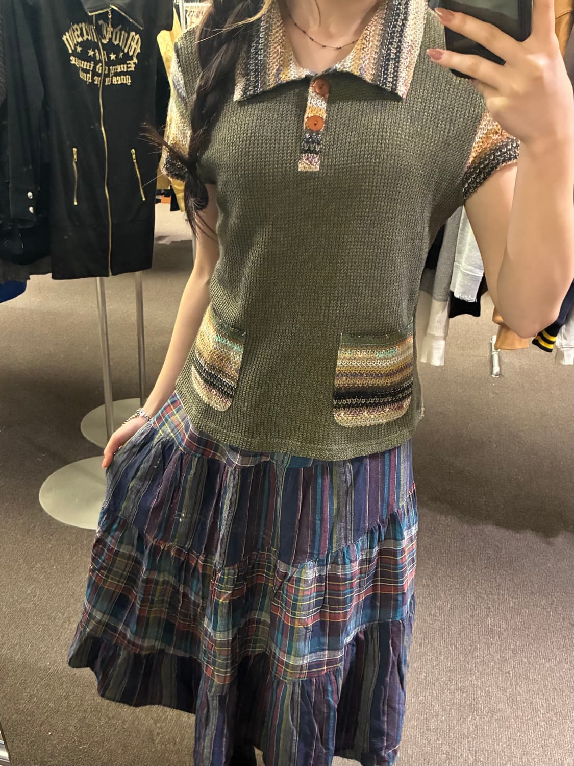 OS)Japanese vintage 여성 에스닉 패턴 하프버튼 반팔 니트 상품이미지2