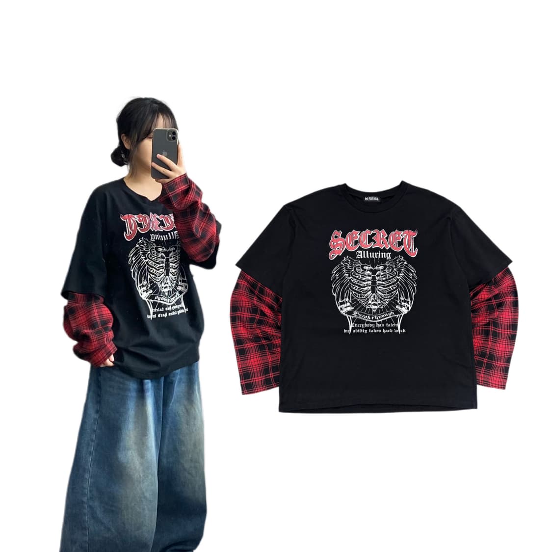 JPN 제팬 체크 반팔 레이어드 본 뼈 그래픽 롱슬리브 상품이미지1