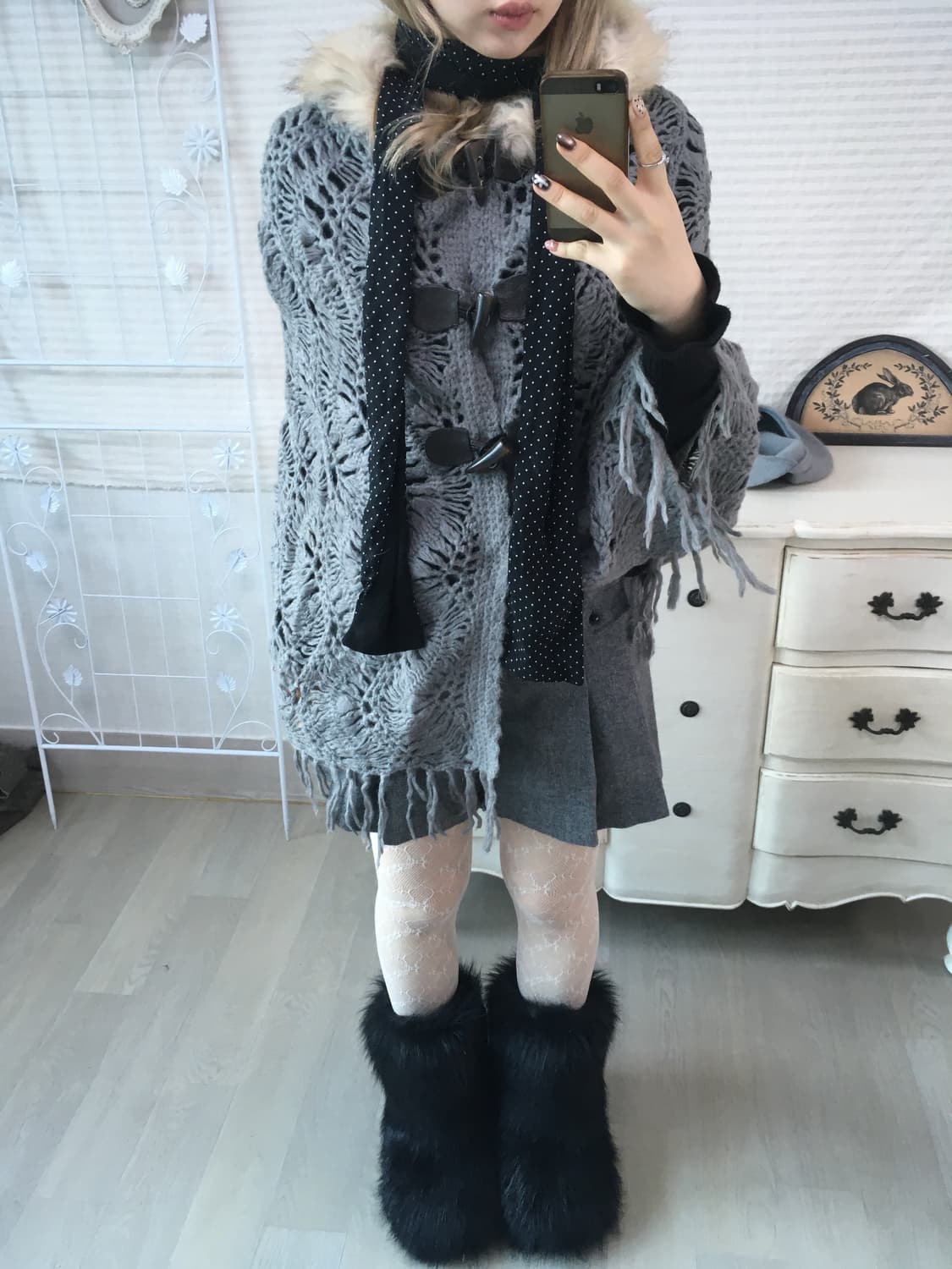 일본빈티지 차콜 퍼후드 케이프 더플 가디건 상품이미지2