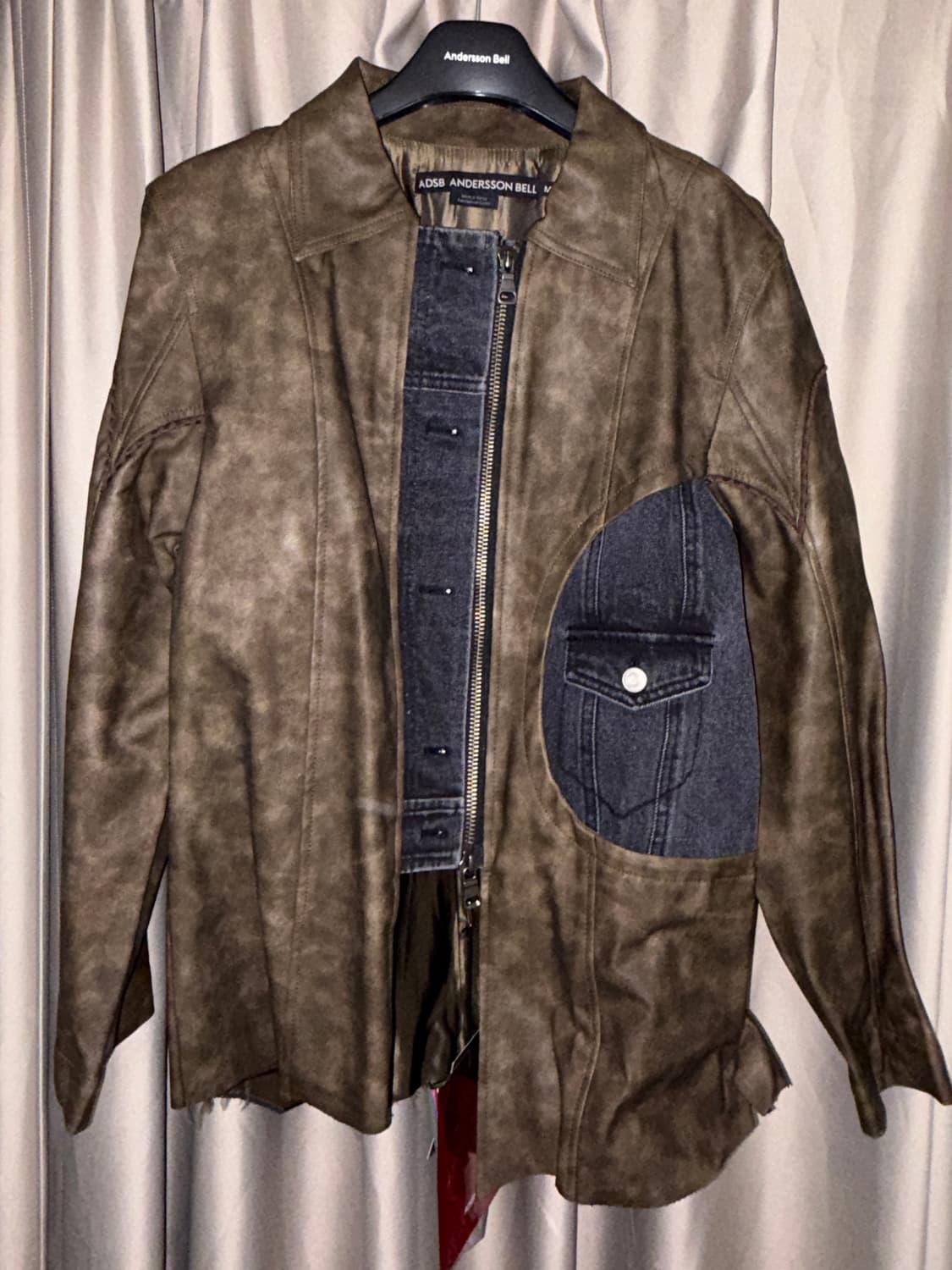 [M] 앤더슨벨 로우 컷 데님 트림 인조 가죽 자켓 (브라운) 상품이미지5