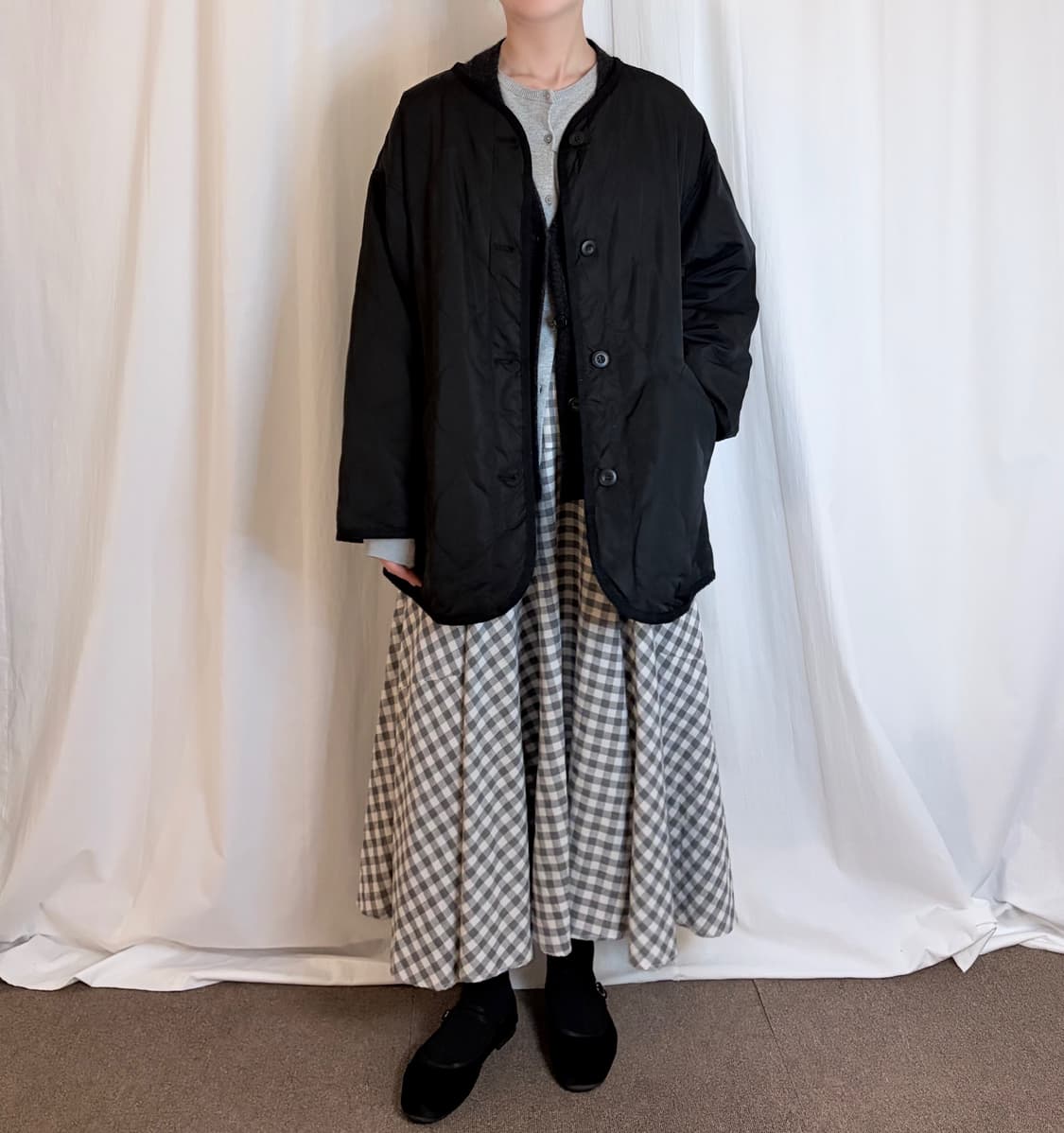 Gingham Flare Long Skirt - Grey 상품이미지3