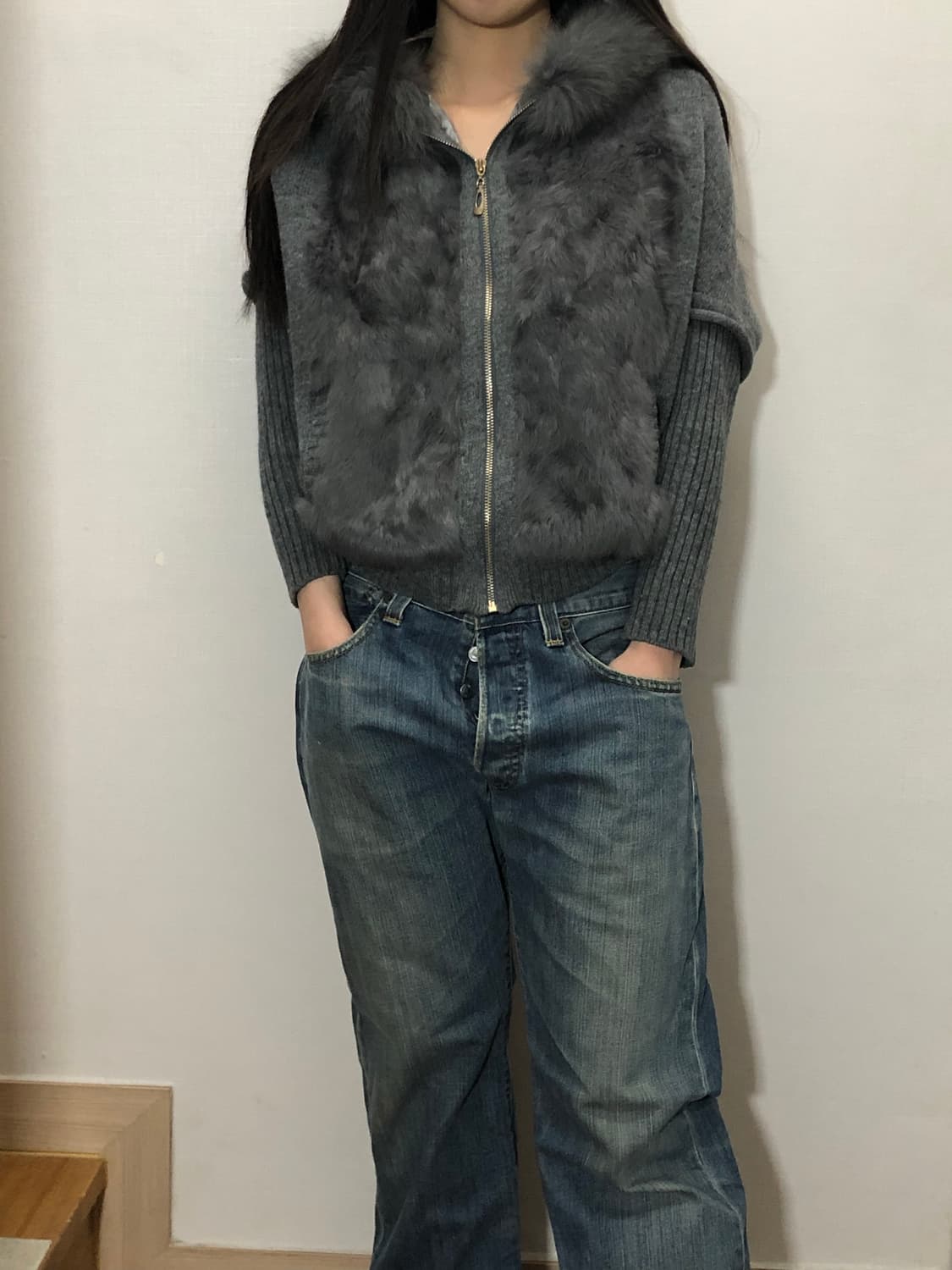 빈티지 그레이 퍼 니트 집업 상품이미지5