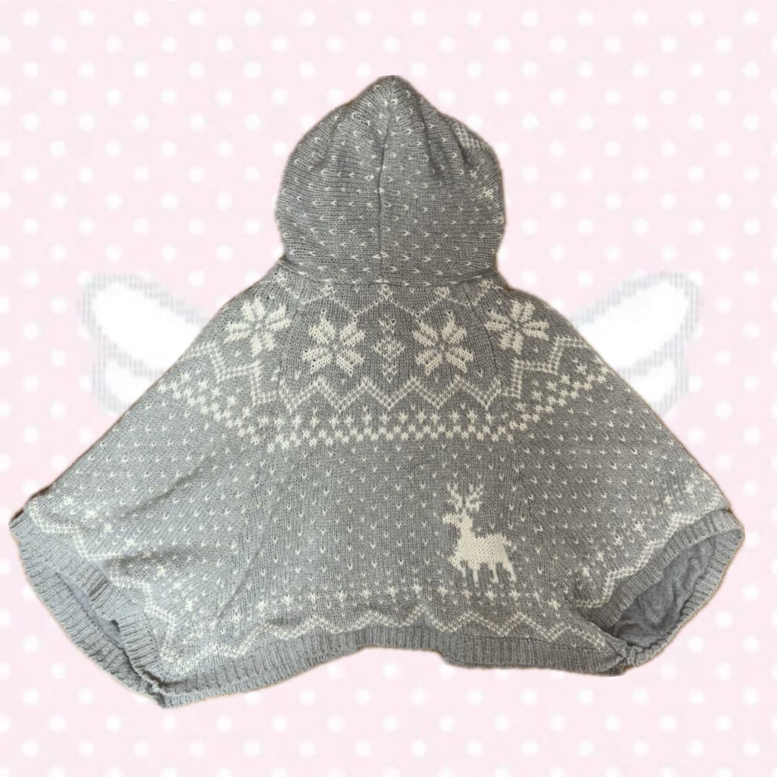 어스뮤직 그레이 노르딕 눈꽃 패턴 니트 후드 케이프 아우터 상품이미지4