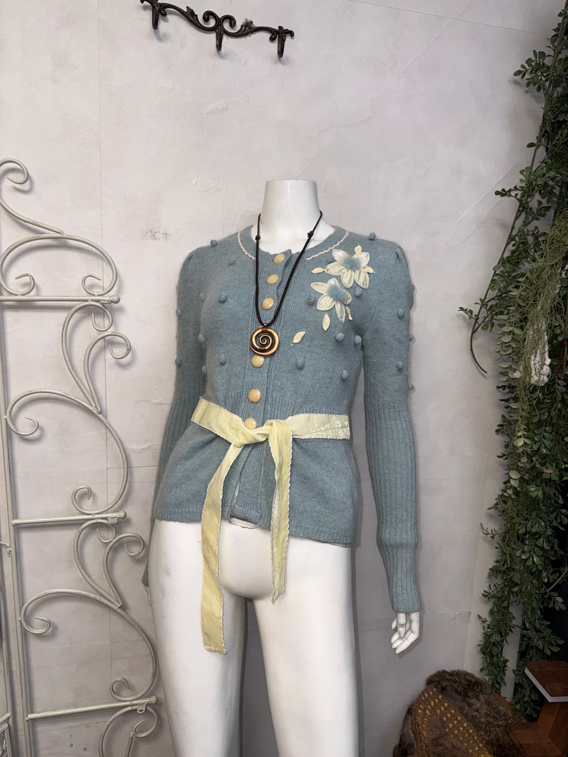 Sky blue bohemian flower knit ball 가디건 상품이미지1