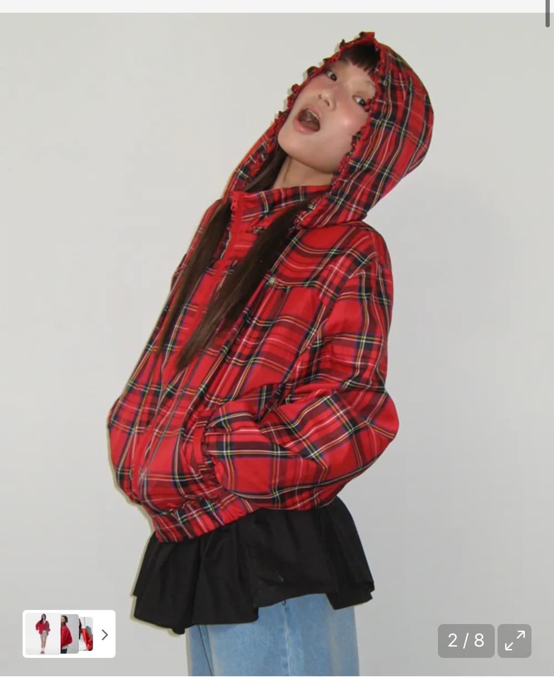 론론 팬던트 프릴 바람막이 윈드 점퍼 레드 체크 상품이미지2