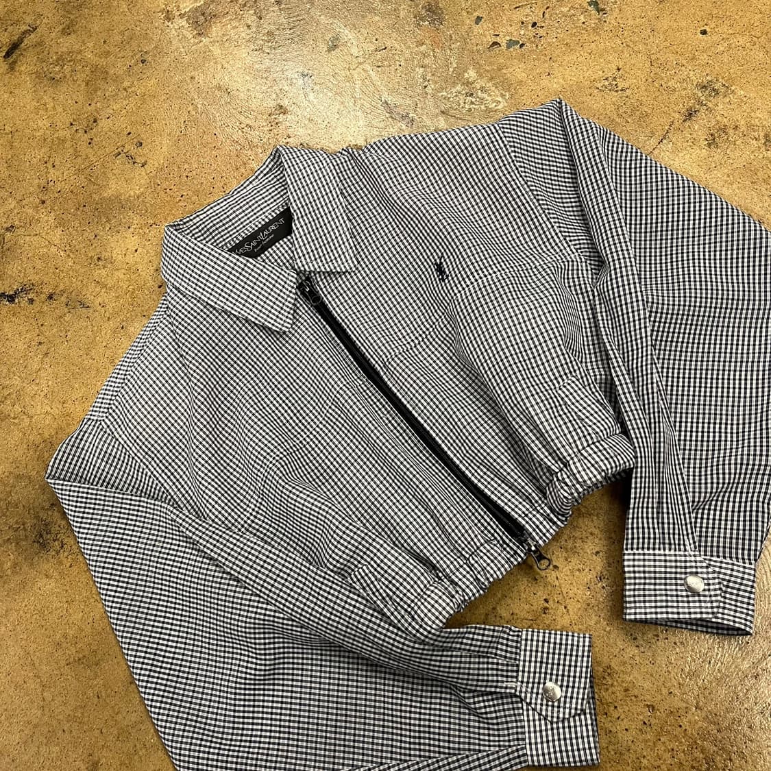 [정품] 입생로랑 깅엄 체크 크롭 블루종 자켓 b17 상품이미지1