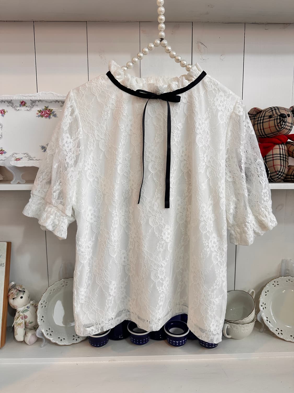 레이스 블라우스 화이트 리본 포인트 상품이미지1