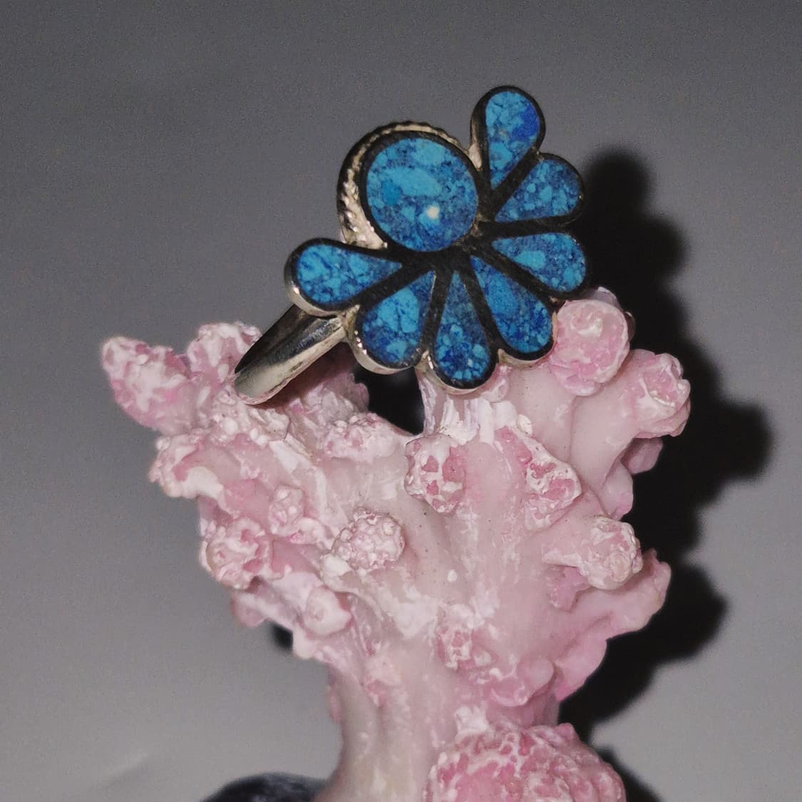 70s 멕시코 실버 925 터키석 인레이 꽃잎 반지 상품이미지7