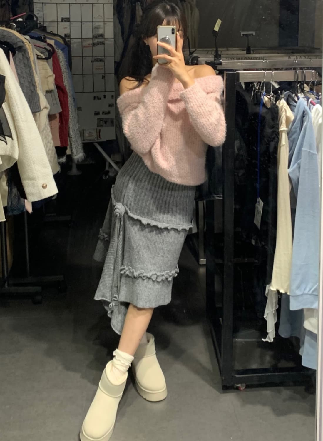 클라우드이모션 로지스 언발 그레이 니트 스커트 상품이미지1