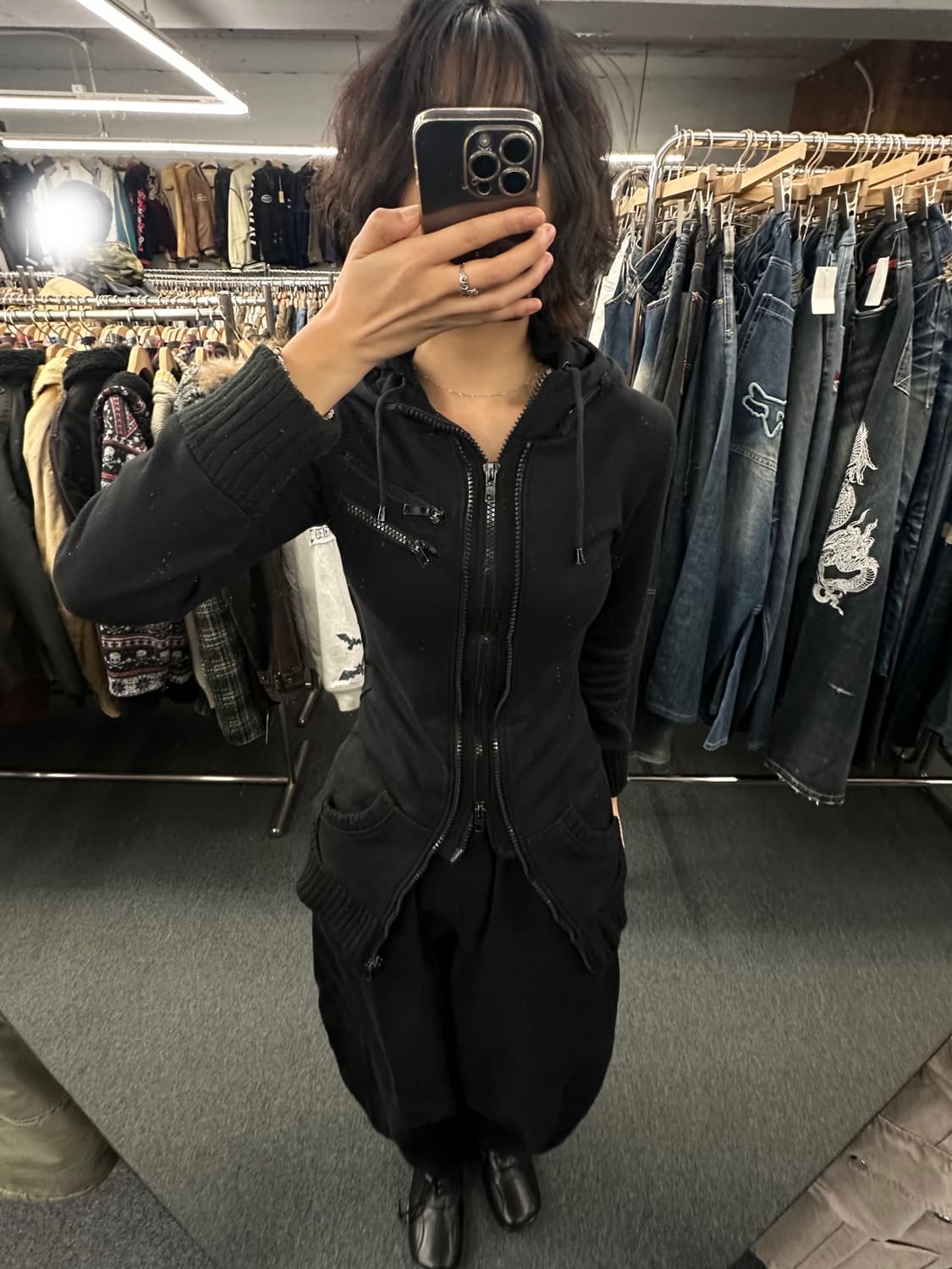 M)일본 빈티지 Y2K 여성 레이어드 블랙 투웨이 후드집업 상품이미지1