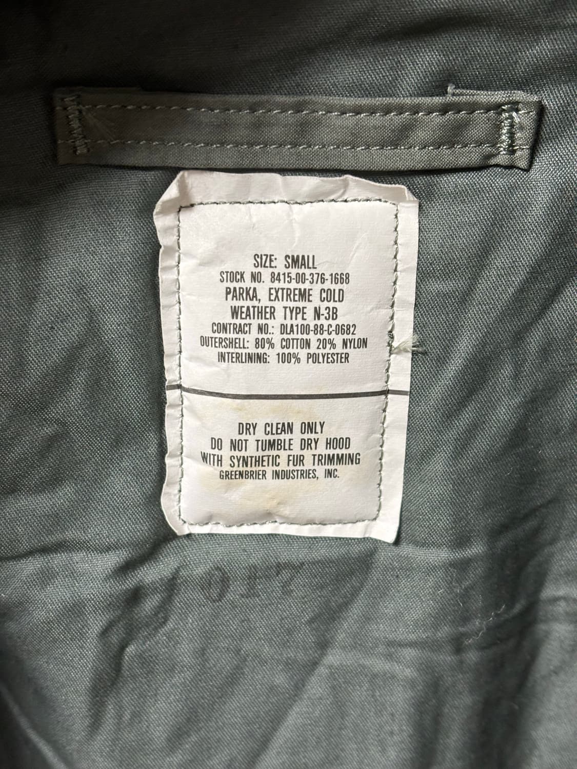 오리지널 미군 데드스탁 N-3B 파카 88년식 상품이미지5