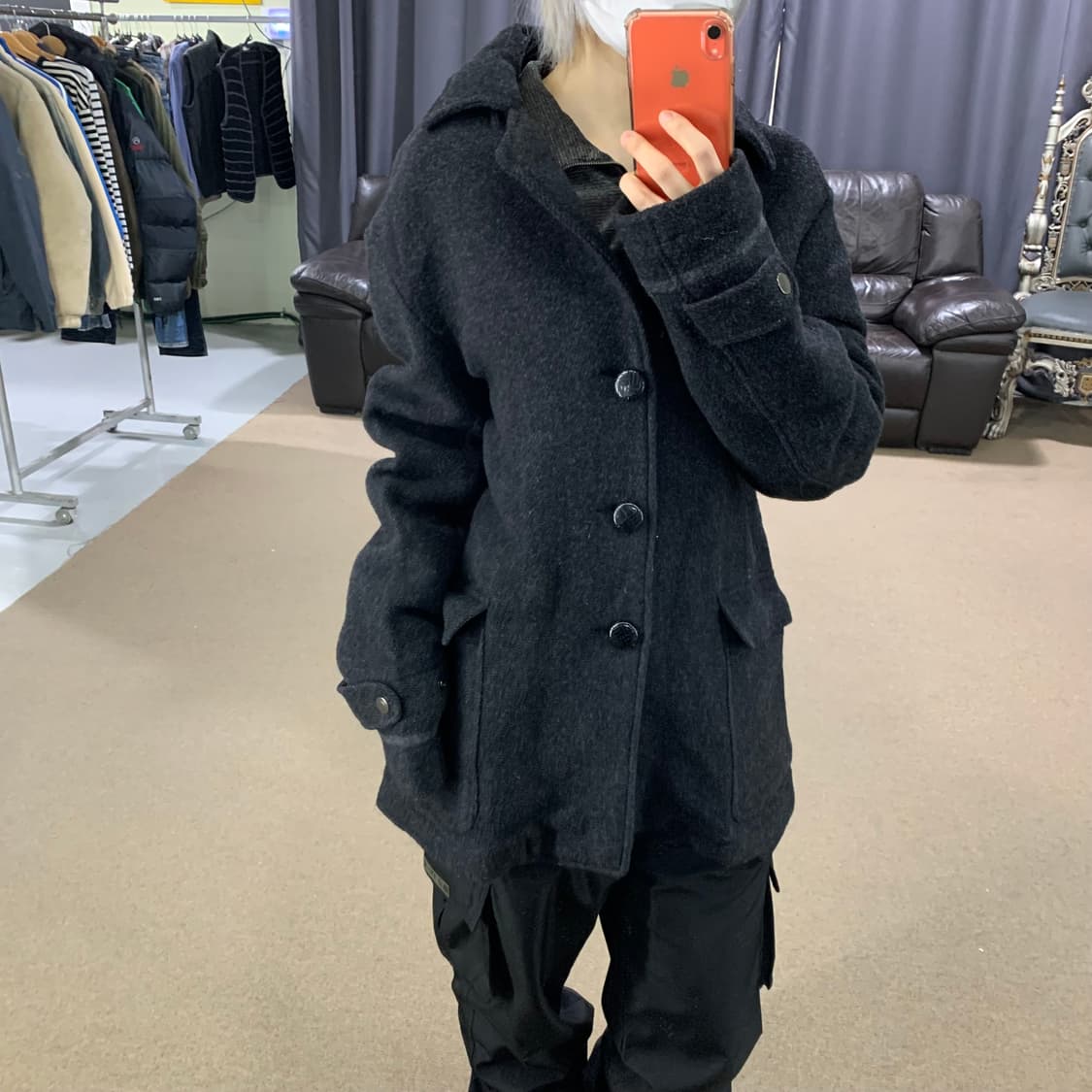 아비렉스 버튼 블레이저 카라 모직 숏코트 차콜 남성 L 여성 루즈핏 상품이미지1