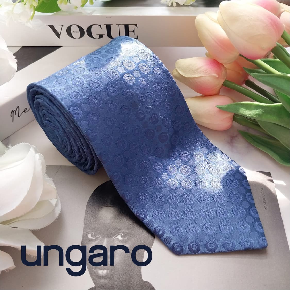 웅가로 실크 블루 로고 패턴 넥타이 8.5cm A+등급 K2364
 상품이미지2