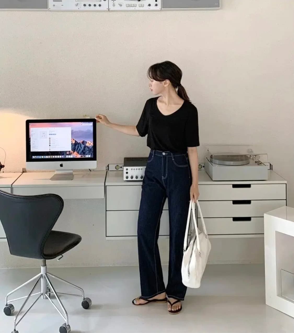 고고싱 ) 얇은 생지 와이드 스티치 데님 팬츠 S 상품이미지1