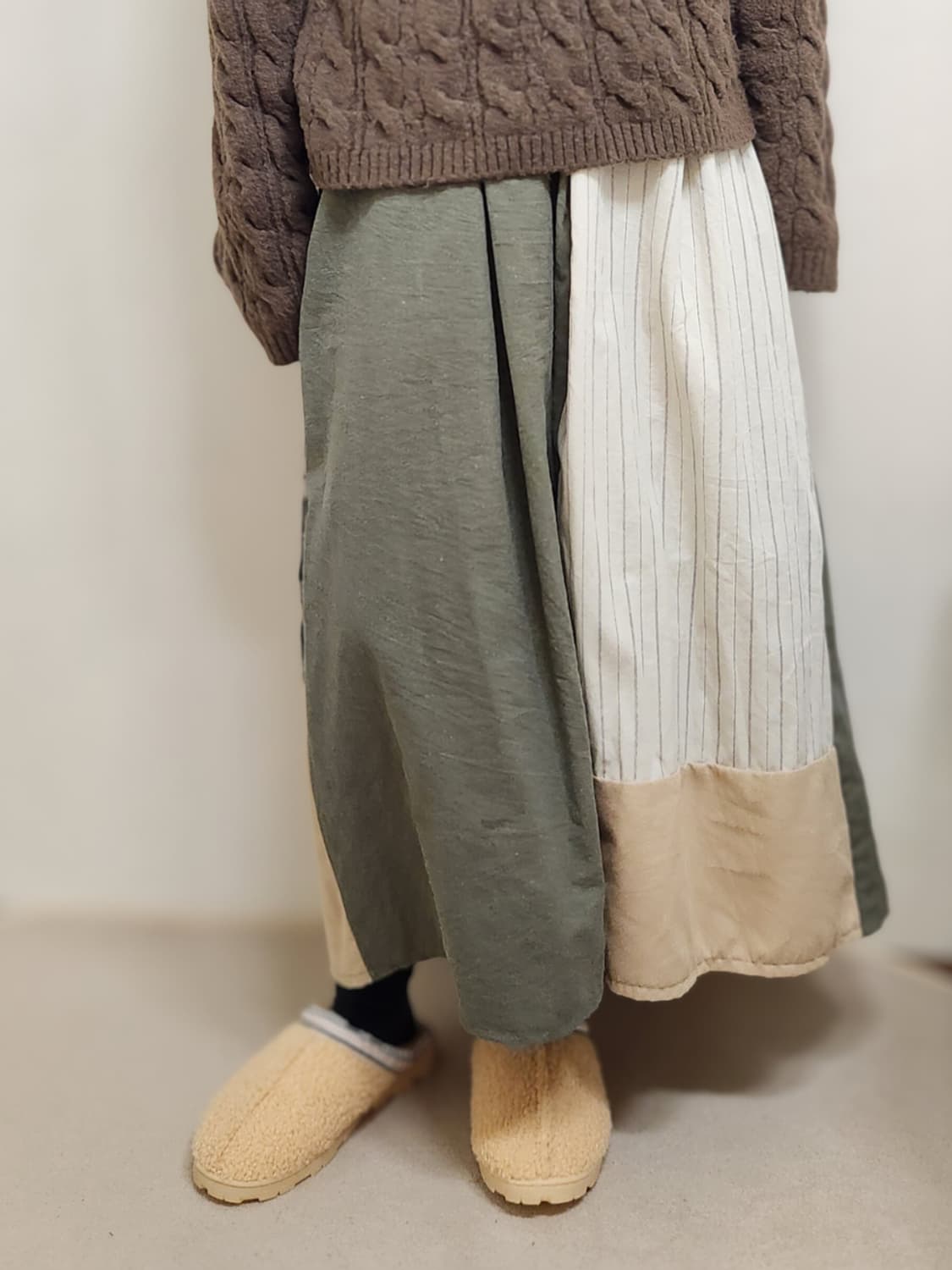 [기장수선가능] 360도 양면 카키 밴딩 패치워크 롱스커트 보헤미안 상품이미지3