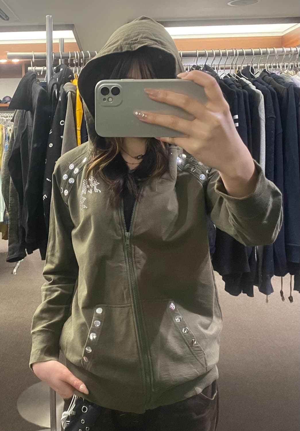 M)Japanese vintage 여성 스터드 카키 후디 상품이미지3