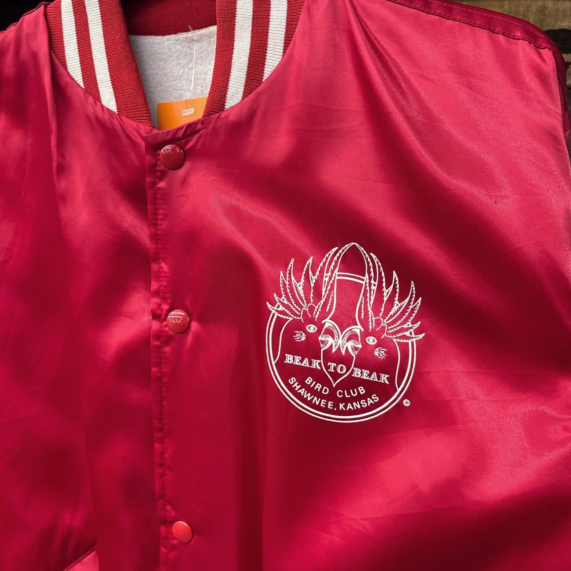 90s 빈티지 버드클럽 사틴 바시티 자켓 빅프린팅 딥레드 N777 상품이미지5